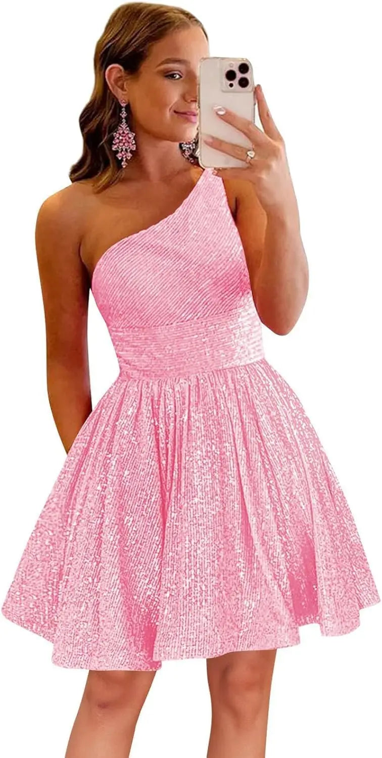 Vestido de fiesta corto con lentejuelas y un hombro brillante para mujeres y niñas. 