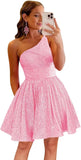 Vestido de fiesta corto con lentejuelas y un hombro brillante para mujeres y niñas. 