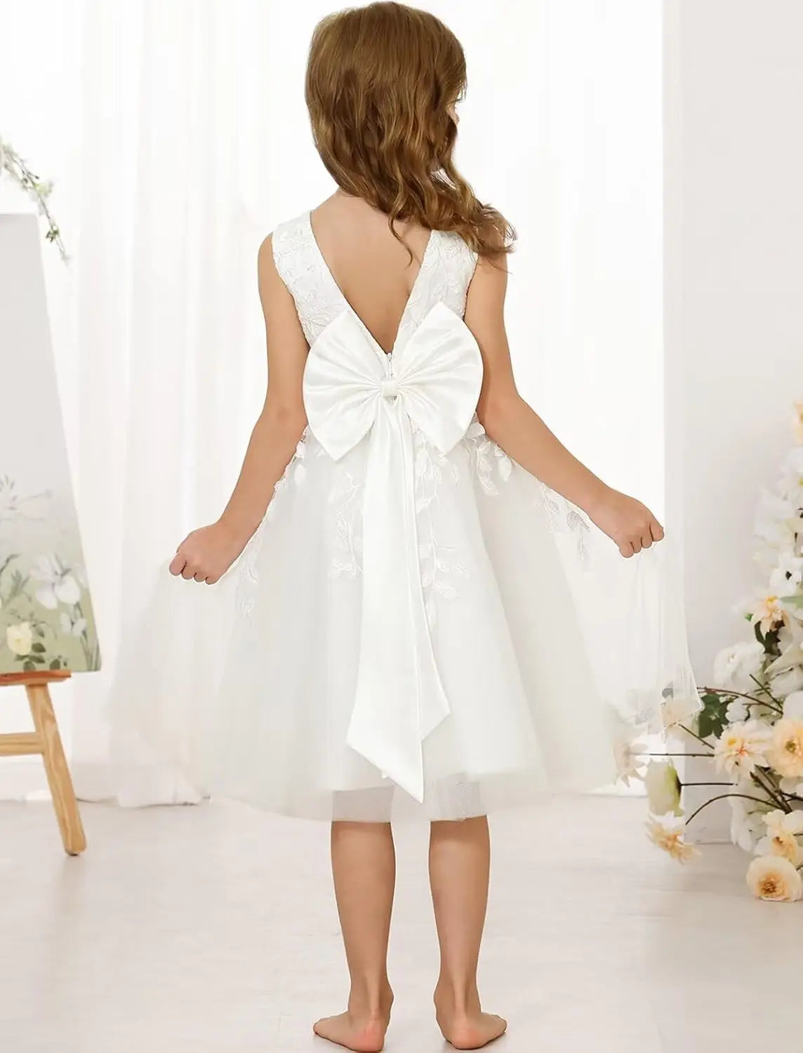 Lace Flower Girl Dresses for Wedding Kids Puffy Tulle Communion Dress Pageant Party Prom Ball Gowns with Bow Knot