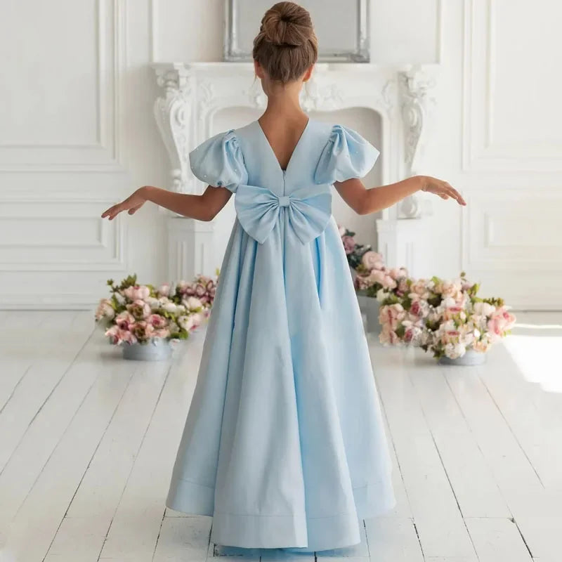 Himmelblau Satin mit Schleife Perlen Kurzarm für Hochzeit Geburtstag Party Prom Bankett Prinzessin Kleider Blumenmädchenkleider 