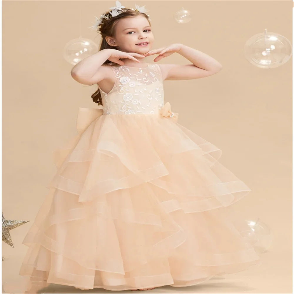 Floor Length First Communion Gowns Tulle Birthday Dance Party Ruffles Flower Girl Dresses for Wedding With Bow Sleeveless