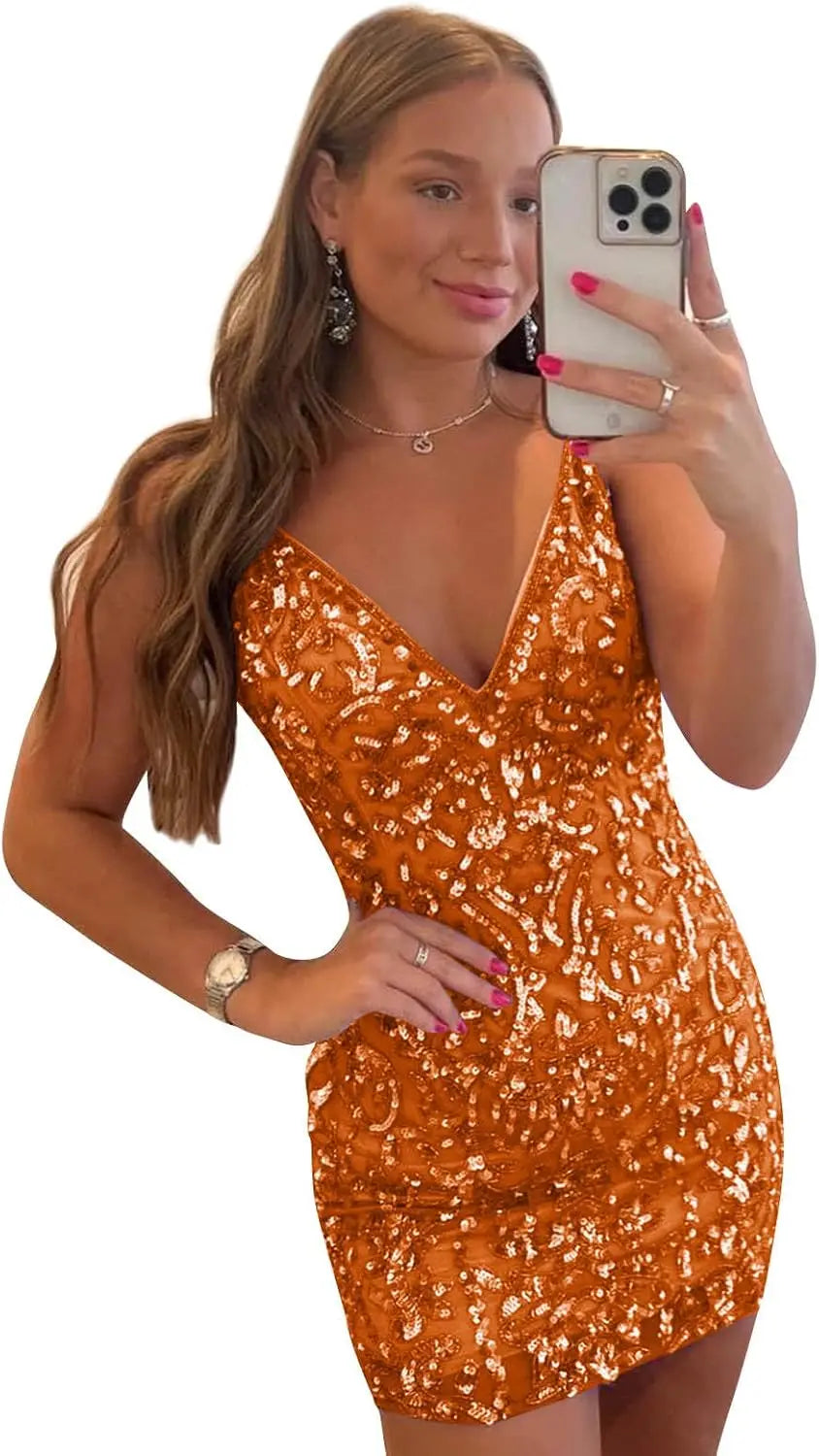 Women's Sparkly Sequin Homecoming Dress Corset Short Prom Dress V Neck Tight Cocktail Party Gowns Sexy Backless Club Dresses