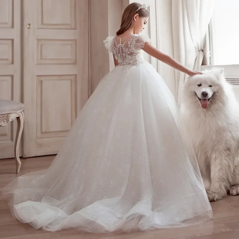 Vestidos de fiesta de cumpleaños para banquetes, vestidos de niña de las flores con apliques de tul blanco y estampado floral con mangas cortas para bodas. 
