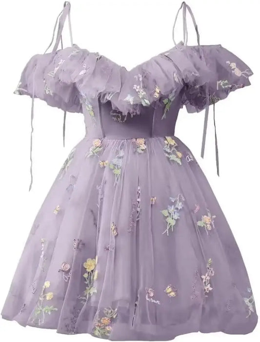 Blumenstickerei Tüll Kurze Heimkehrkleider für Teenager Mini Fee V-Ausschnitt Formales Abschlussball-Cocktailpartykleid 2025 