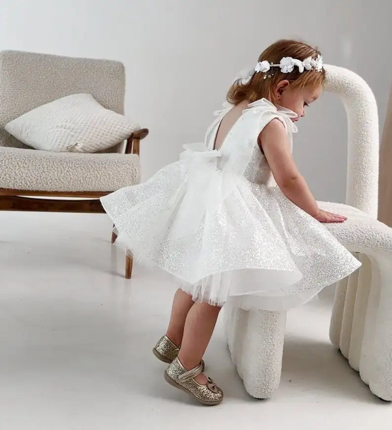White Sparkling Flower Girl Dress Birthday Girl Dress Glitter Toddler Dress, Prom Gown, First Communion Dress, Special Occasion