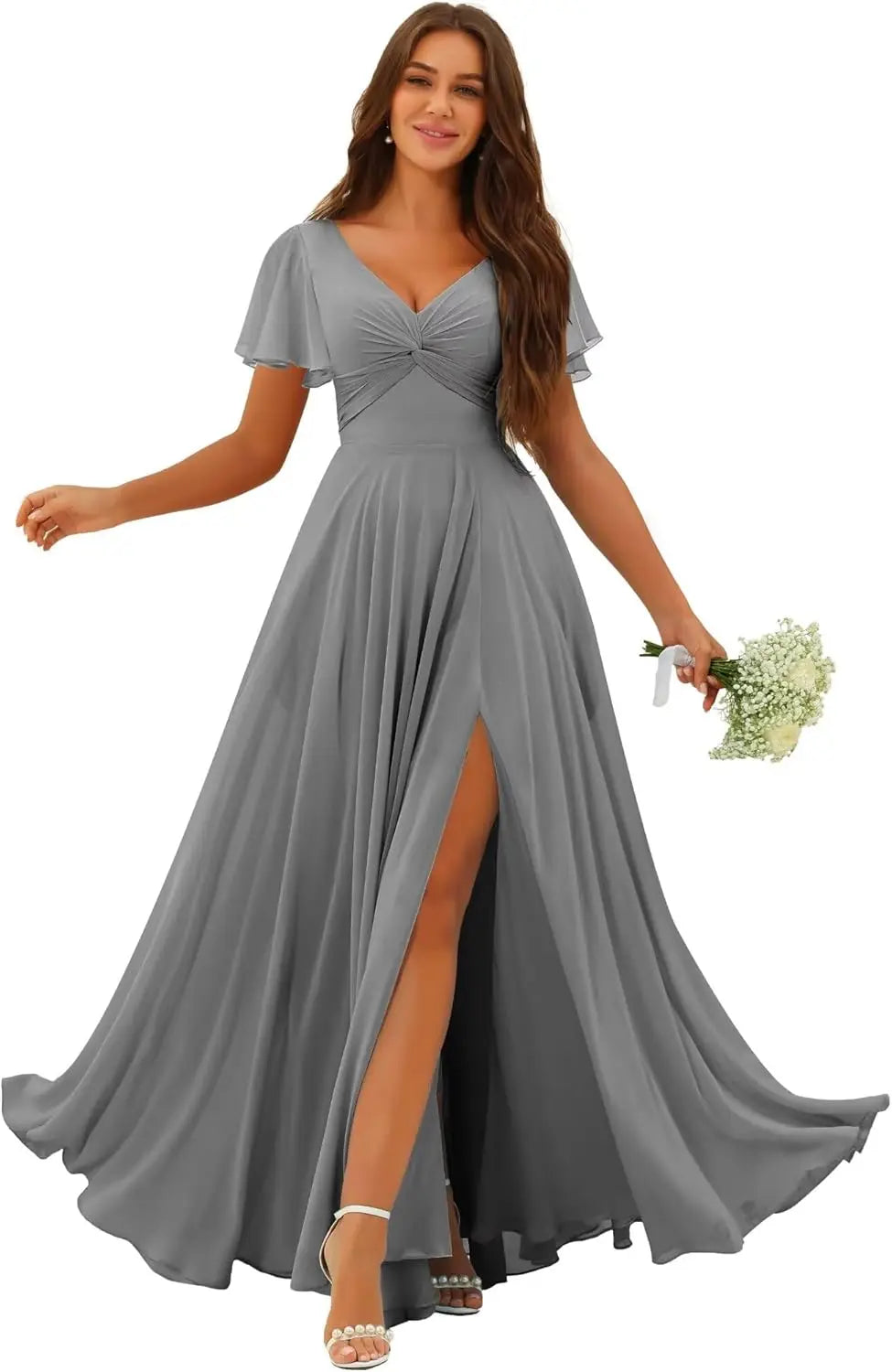 Custom Made Flutter Sleeves Split Bridesmaid Dresses with Slit Long V Neck Empire Waist Formal Evening Dress for Women Wedding