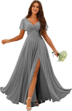 Custom Made Flutter Sleeves Split Bridesmaid Dresses with Slit Long V Neck Empire Waist Formal Evening Dress for Women Wedding