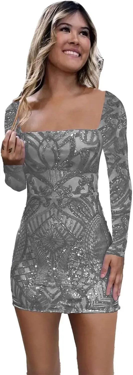 Vestidos de fiesta de manga larga con lentejuelas y encaje para mujer, cortos, ajustados, brillantes, con escote cuadrado, para cóctel o fiesta. 
