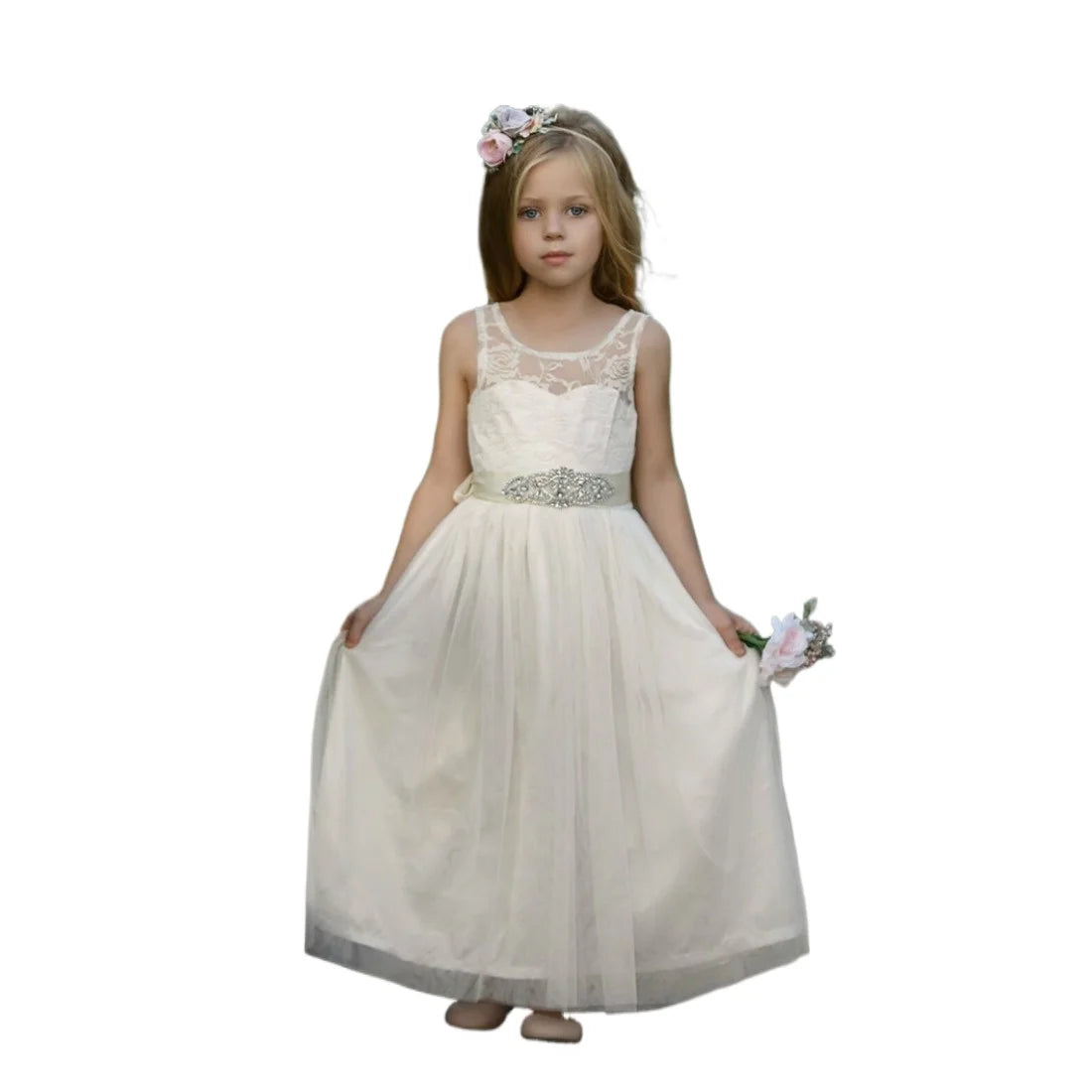 Blumenmädchenkleider Böhmische Blumenmädchenkleider Tüll Erstkommunionkleid Kleider Strandparty Mädchen Junior Brautjungfernkleider 