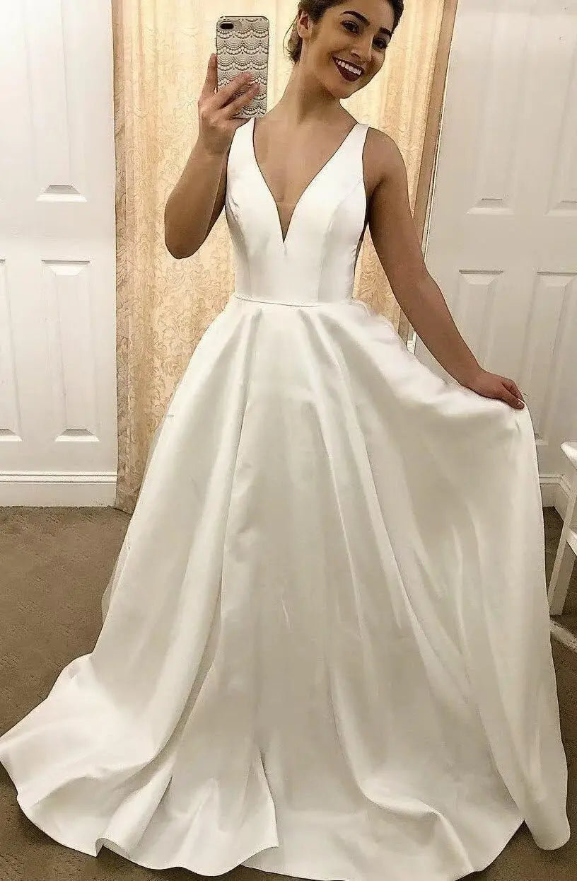 Satin A Line Wedding Dresses for Bride V Neck Prom Dresses with Pockets Simple Long Ball Gowns