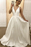 Satin A Line Wedding Dresses for Bride V Neck Prom Dresses with Pockets Simple Long Ball Gowns