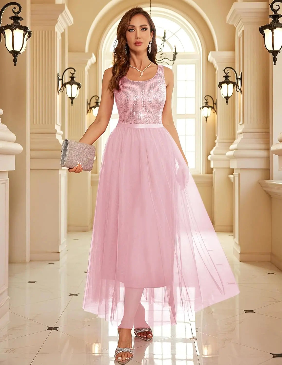 Sequin Dress for Woman Vintage A Line Wedding Formal Swing Mesh Prom Dress Sleeveless Cocktail Maxi Gowns