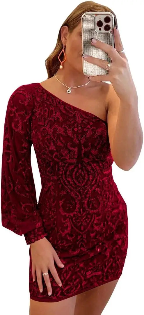 Vestidos de fiesta de encaje con lentejuelas brillantes para adolescentes, mangas abullonadas, un hombro, minivestido de cóctel para graduación, vestidos de noche 