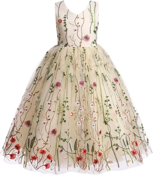 Embroidery Flower Girl Lace Dress for Kids Wedding Pageant Party First Communion Dresses Princess Bridesmaid Maxi Gown
