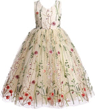 Embroidery Flower Girl Lace Dress for Kids Wedding Pageant Party First Communion Dresses Princess Bridesmaid Maxi Gown