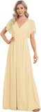 Vestido de dama de honor para mujer, escote en V, mangas con volantes, busto fruncido, largo hasta el suelo, de gasa, vestido formal para invitada de boda. 