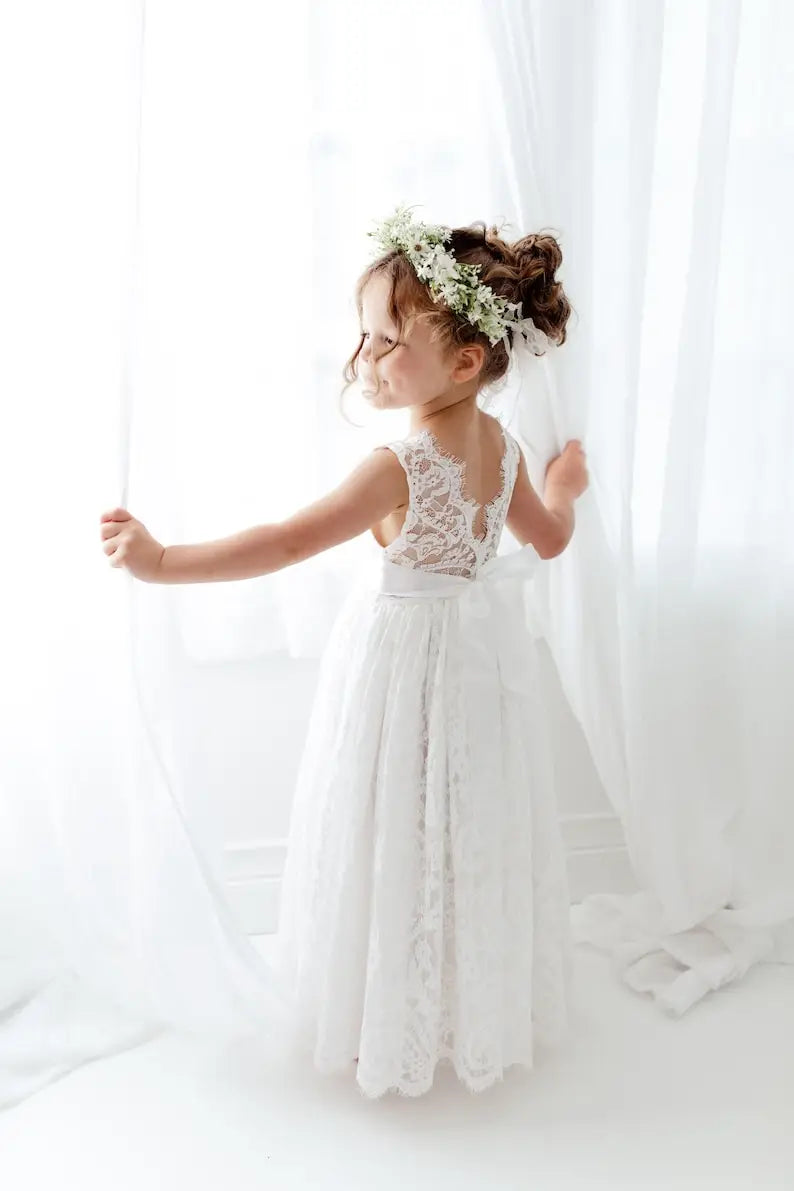 Boho Weißes Blumenmädchen Kleid, Rustikales Tüll Hochzeitskleid, Willst du mein Blumenmädchen Vorschlag sein, Boho Kleider Prinzessinnenkleid 