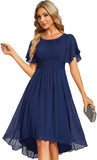 Vestido de gasa con cuello redondo y cintura plisada para mujer, manga corta, para invitada de boda, dama de honor, fiesta, graduación 