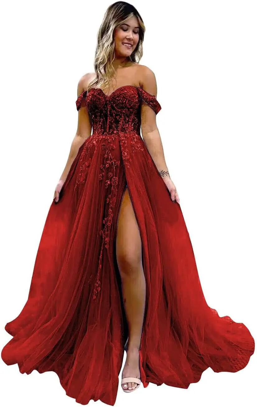 Vestido de fiesta de tul con hombros descubiertos, abertura, apliques de encaje brillante, corsé, vestido formal de fiesta de noche, vestidos de fiesta para mujer, noche 