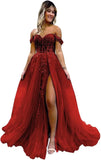 Vestido de fiesta de tul con hombros descubiertos, abertura, apliques de encaje brillante, corsé, vestido formal de fiesta de noche, vestidos de fiesta para mujer, noche 