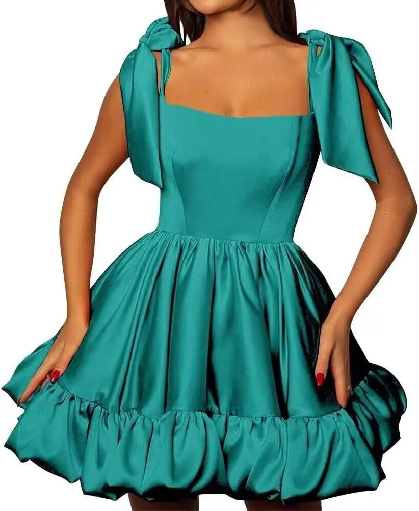 Women’s A-line Puffy Straps Sleeveless Formal Party Gown Teens Satin Short Homecoming Cocktails Dress