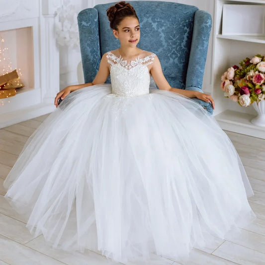 Vestidos de primera comunión personalizados para niña de las flores, tul blanco, apliques florales con lazo, sin mangas para boda 