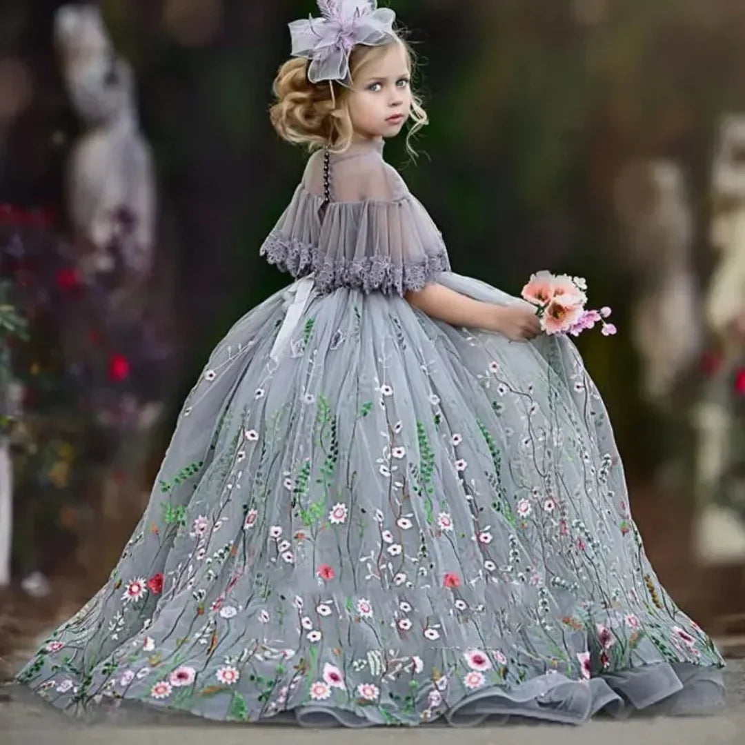Flower Lace Appliques Girl Birthday Ball Gown First Holy Communion Gown Customized Lovely Flower Girl Dresses for Wedding