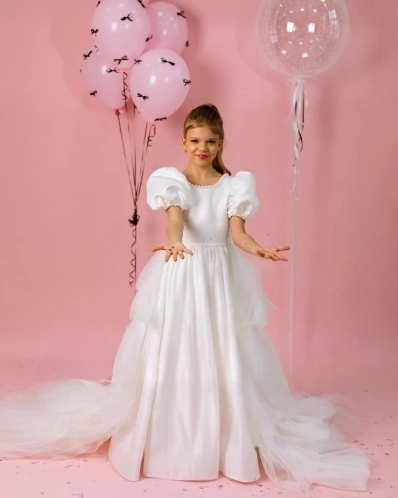 Bow girl Junior bridesmaid Satin flower girl dresses Pearl toddler party Dress with train Tulle Girl party princess dress