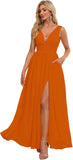 Vestidos de dama de honor con abertura y escote en V, vestidos de fiesta, línea A, plisados, para invitada de boda con bolsillos 
