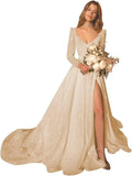 Glitter Prom Dresses Simple Long Sleeve Wedding Dresses for Bride A Line Princess Ball Gown with Slit simple wedding dress