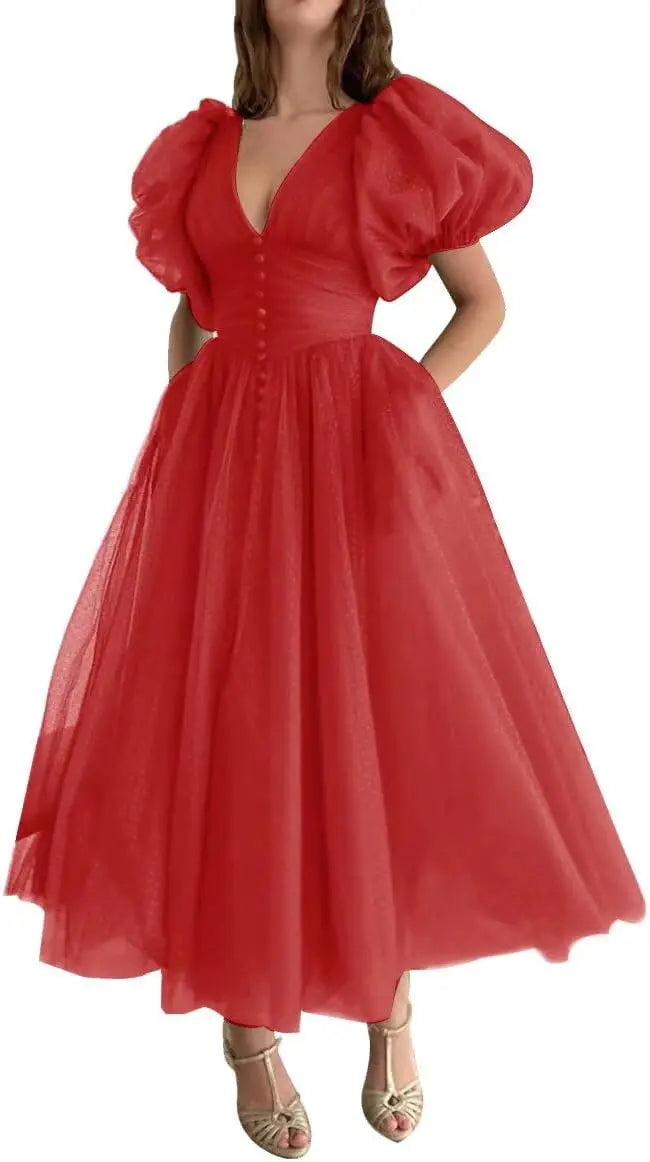 Puffy Sleeve Prom Dresses for Women Dotted Tulle V Neck Formal Evening Party Gowns Tea Length Bridesmaid Dresses