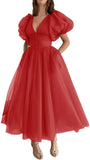 Puffy Sleeve Prom Dresses for Women Dotted Tulle V Neck Formal Evening Party Gowns Tea Length Bridesmaid Dresses