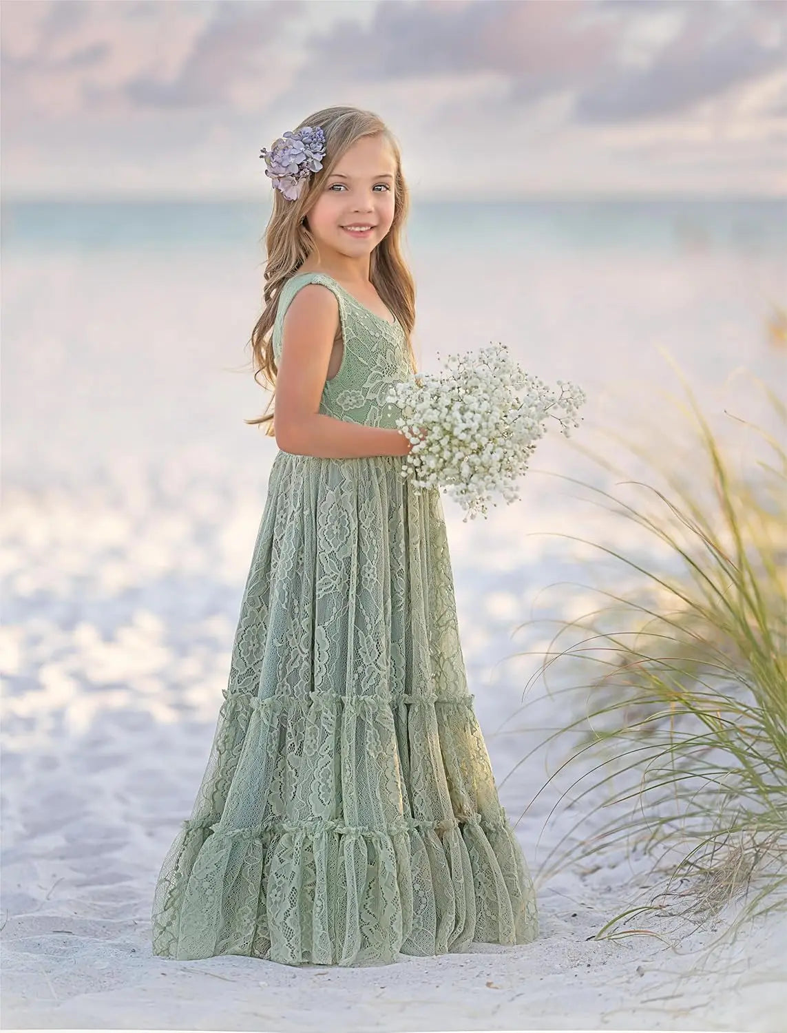 Blumenmädchenkleid Spitze Boho Kleinkindkleider Rüschen Mädchenkleid für Hochzeit Gartenparty Urlaub Kommunion Ärmellos Prinzessin 