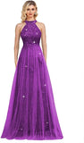 Vestidos de fiesta de lentejuelas con cuello halter y flores, hechos a medida, 2025, de tul brillante, corte A, para boda, fiesta formal de noche 