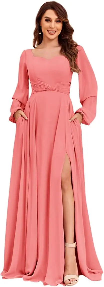 Damen Langarm Brautjungfernkleider mit Taschen Split Plissee Chiffon Formales Abendkleid Partykleid formelles Kleid Frauen elegant 