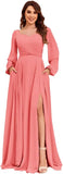 Damen Langarm Brautjungfernkleider mit Taschen Split Plissee Chiffon Formales Abendkleid Partykleid formelles Kleid Frauen elegant 