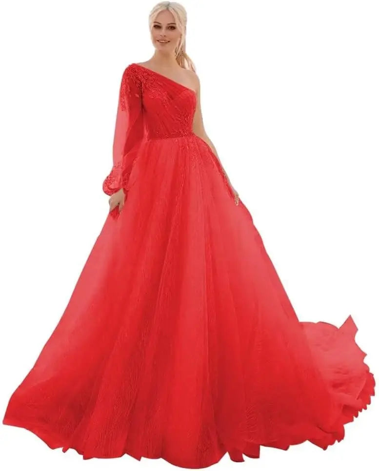 One Shoulder Appliques Tulle Prom Dresses Glitter Ball Gown Wedding Dress Princess Formal Gown