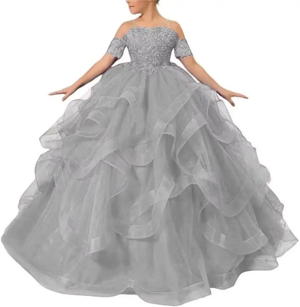 Vestidos de desfile de princesas para niñas de flores 2026 con encaje bordado, tallas grandes, tul en capas, vestidos de primera comunión para niñas. 