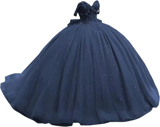 Off Shoulder Beaded Quinceanera Dresses Glitter Tulle Prom Dress Butterfly Appliques Sweet 16 Dresses with Bow