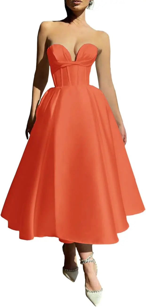 Strapless Prom Dresses 2025 Sweetheart Satin Tea Length Puffy Party Dresses for Women simple wedding dress short wedding dress