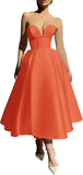 Strapless Prom Dresses 2025 Sweetheart Satin Tea Length Puffy Party Dresses for Women simple wedding dress short wedding dress
