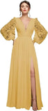 Langärmliges Brautjungfernkleid, Chiffon, Ballkleid, langes Hochzeitskleid mit Spitzenapplikation, V-Ausschnitt, formelle Kleider mit Schlitz 