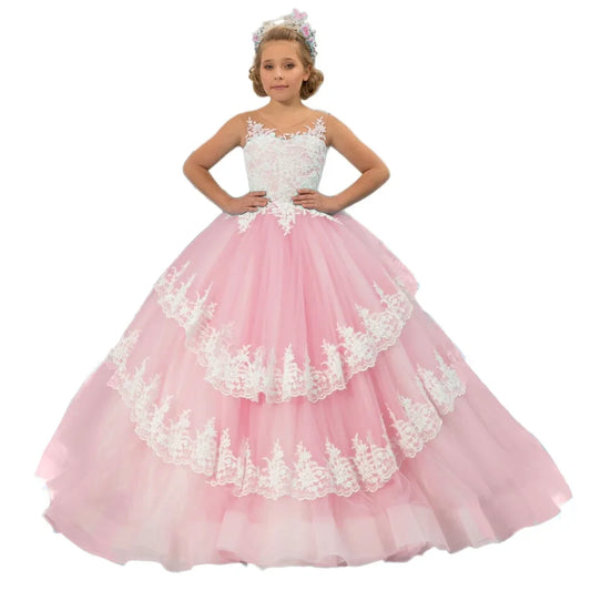 Vestido de princesa para banquete de fiesta de cumpleaños, personalizado, para niña de las flores, con apliques de encaje azul cielo y blanco, escalonado, sin mangas, para boda 