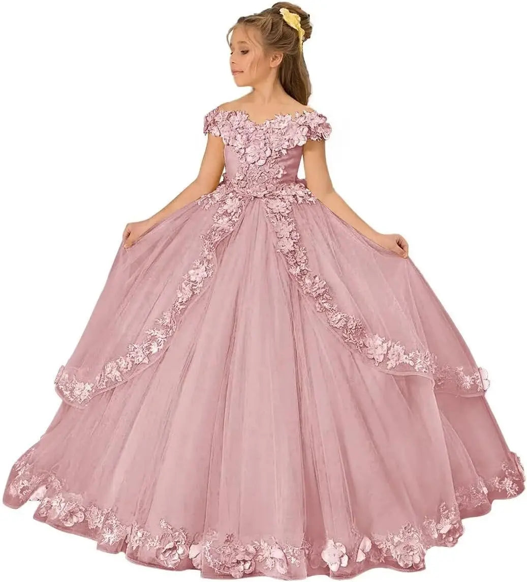Vestido de tul para niña de las flores, para boda, con hombros descubiertos, para desfile, con flores 3D, estilo princesa, para fiesta 