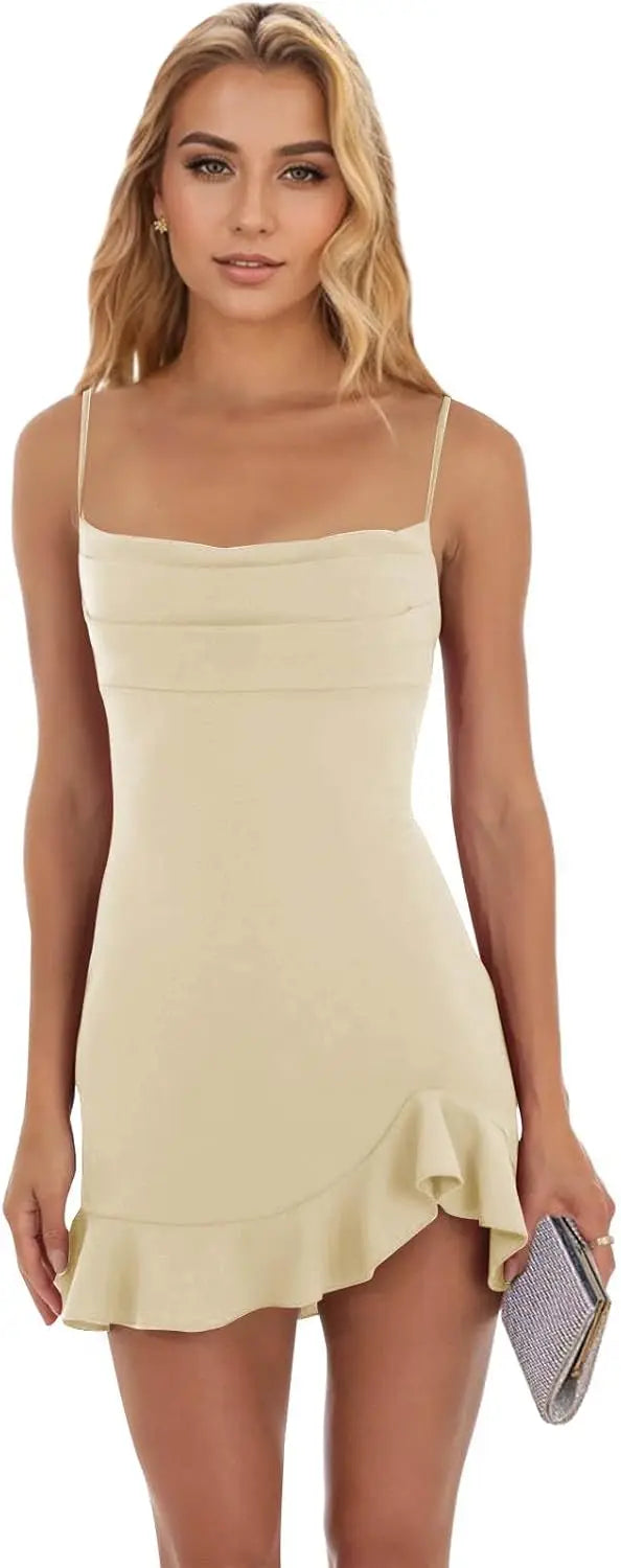 Vestidos cortos de fiesta ajustados para mujer, con tirantes finos y bajo con volantes, para cóctel y club. 