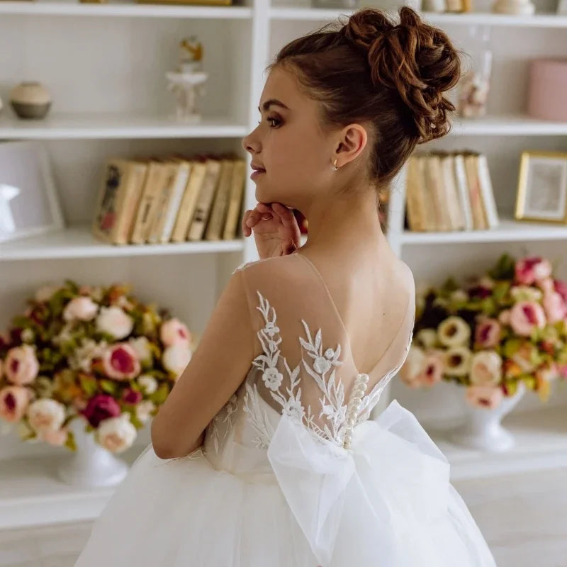 Vestidos de primera comunión personalizados para niña de las flores, tul blanco, apliques florales con lazo, sin mangas para boda 
