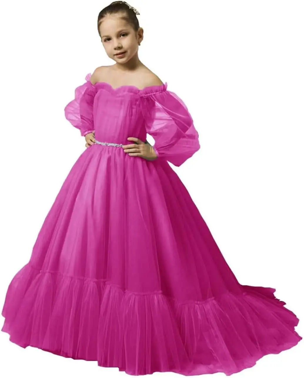 Vestidos de niña de las flores con mangas abullonadas para boda, vestidos de desfile de tul con hombros descubiertos, vestido de línea A para niña pequeña con cinturón, vestido para niña bebé 
