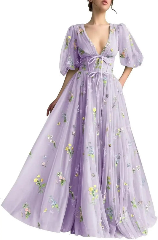 Women's Long Sleeve Flower Embroidery Tulle Prom Dresses Maxi A Line V Neck Fairy Formal Evening Party Gown Bridesmaid Dresses