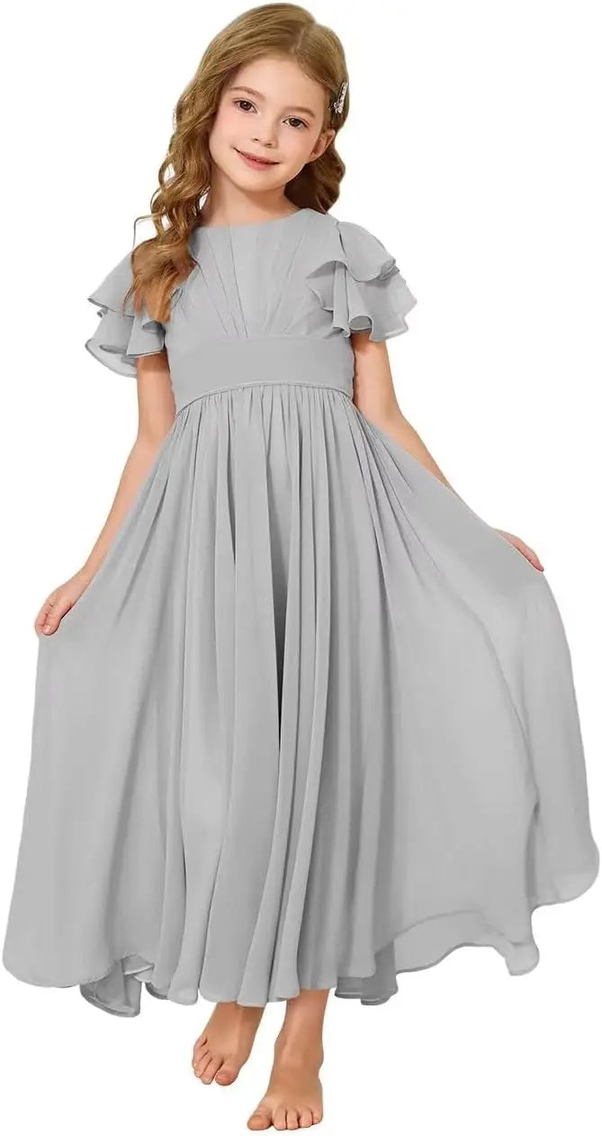 Flower Girl Maxi Dress for Wedding Bridesmaids Flowy Chiffon Teens Ruffle Sleeve Formal Party Pageant Gown princess dress