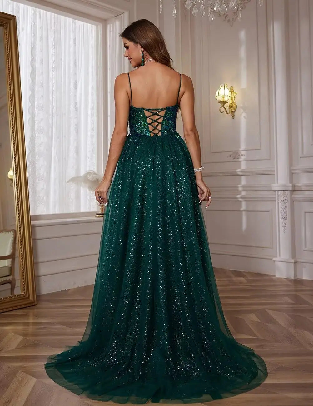 Glitzerndes Tüll-Ballkleid für Damen, Spaghettiträger, tiefer V-Ausschnitt, Spitzenapplikationen, Ballkleid, langes A-Linien-Abendkleid 
